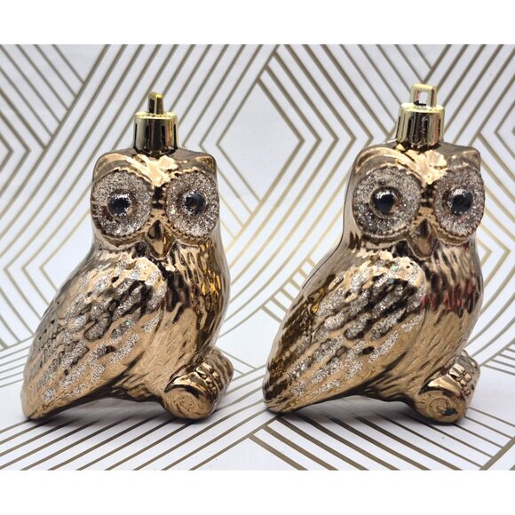 Lot of 4 Owl Christmas Ornaments Holiday Tree Decor Brown & Deep Red Glitter 3" - Picture 2 of 13